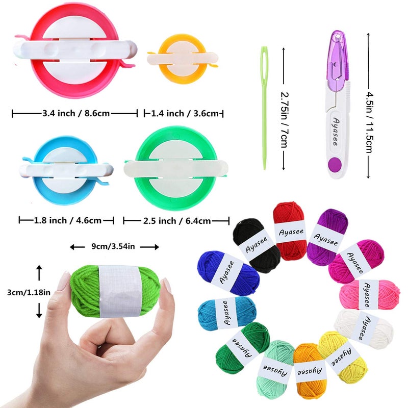 Ayasee Pom pom Maker Yarn kit, 4PS Pompom Maker+12PS Acrylic Yarn+10PS Knitting Stitch Markers+10PS Plastic Needles+1PS Scissors(37c) - Image 3